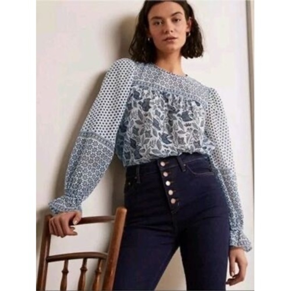 Boden Gracie Cotton Blouse Blue White Mixed Print Smocked Top Boho Size 12 NWT